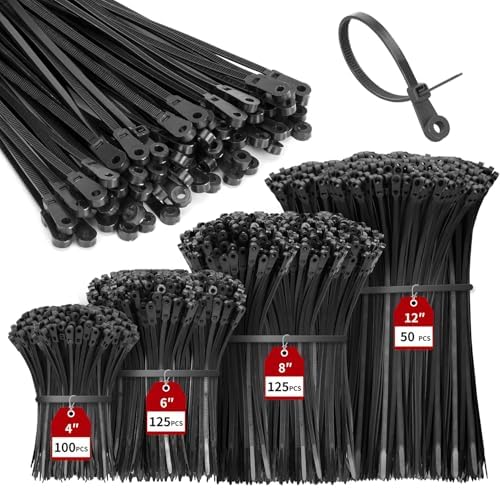 400 Pack Black Zip Ties with Screw Hole Assorted Sizes, Mountable Head Nylon Cable Ties, Ideal for Indoor Outdoor Cable Management