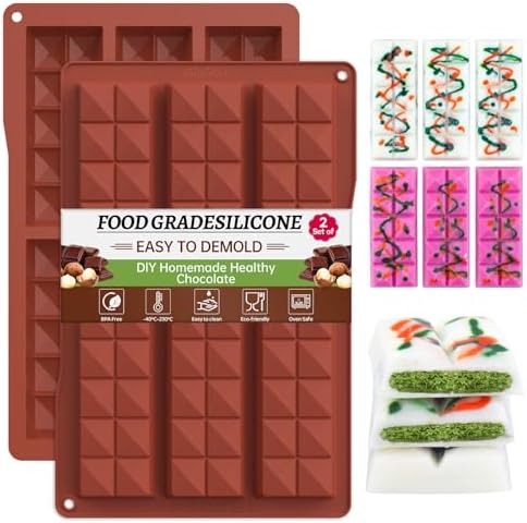 Chocolate Bar Mold Deep,2 Pcs Silicone Chocolate Bar Mould for Dubai Chocolate Bar Pistachio Kunafa Molds Kit and Baking Candy Cake,Chocolate Snack or DIY Ice Cube(Red Brown)