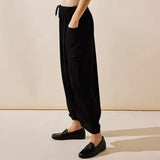 Quinn Pants for Women Plus Size Wide Leg Linen Pants with Pockets Summer Elastic Waist Drawstring Harem Pants High Waisted Baggy Casual Palazzo Pants Boho Flowy Beach Pants Loose Hippie Pants A-Black