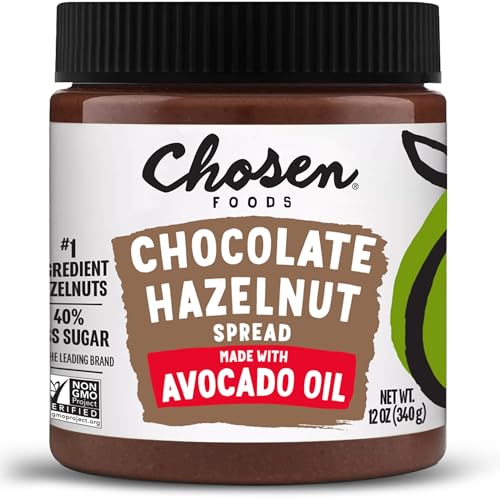 Chosen Foods Chocolate Hazelnut Spread - Made with 100% Pure Avocado Oil, Simple Ingredients, 40% Less Sugar, Vegan, Free of Palm Oil,12 oz 1-Pack