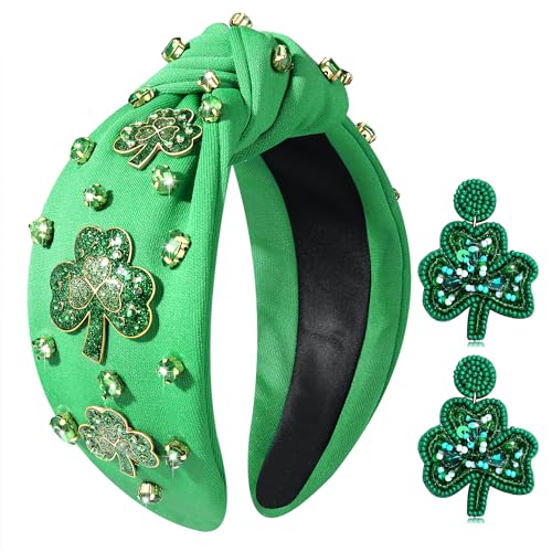 St.Patrick's Day Headband for Women - Glitter Shamrock Jeweled Knotted Headband with Lucky Green Crystals, Parade Hair Accessories Party Gift (Green2)