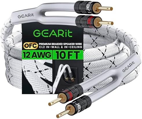 GearIT 12AWG Premium Heavy Duty Braided Speaker Wire Cable (10 Feet) Dual Gold Plated Banana Plug Tips - in-Wall CL2 - Oxygen-Free Copper (OFC) White
