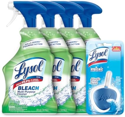 Lysol All Purpose Cleaner with Bleach, 32 Fl Oz (Pack of 4) - With 1ct Auto In-The-Bowl Toilet Cleaner, Atlantic Fresh