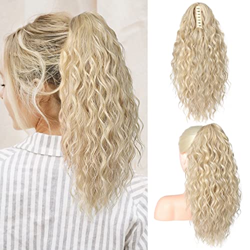 SEIKEA 18" Long Claw Highlight Ponytail Extension, PT002 Tia Multi Layered Hair Wavy Curly Fluffy Thick Jaw Clip in Hair Extensions Ponytail Soft Natural Ash Blonde White Blonde Highlights