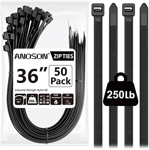Large Zip Ties 36 inch (50 Pack), Long Zip Ties Heavy Duty with 250 lb Tensile Strength, Big Cable Ties, Black, by ANOSON