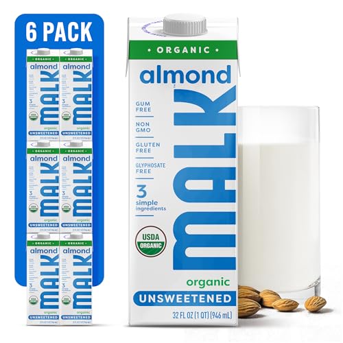 MALK Almond Milk Unsweetened (32oz, Pack of 6) - Shelf Stable Organic Almond Milk, Non GMO, Whole 30, Dairy Free, Vegan, Plant Based, No Gums or Fillers - Malk for Smoothies, Cereal, Coffee, Creamer