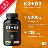 NutraChamps D3 with K2 MK7 Supplement for Heart & Bone Health | Vitamin D & K Complex | 5000 IU of Vitamin D 3 & 100 mcg of Vitamin K 2 MK-7 | 60 Vitamin K2 D3 Capsules