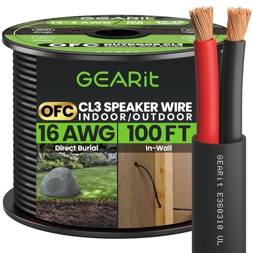 GearIT 16/2 Speaker Wire (100 Feet) 16AWG Gauge - Outdoor Direct Burial in Ground/in Wall / CL3 CL2 Rated / 2 Conductors - OFC Oxygen-Free Copper, Black 100ft