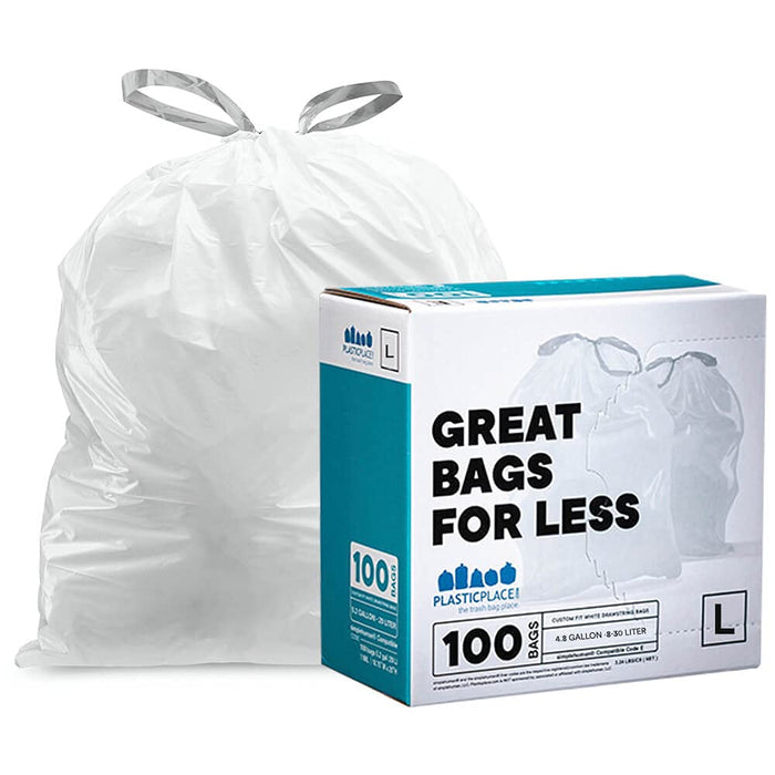 Plasticplace Custom Fit Trash Bags, Compatible with Simplehuman Code L (100 Count) White Drawstring Garbage Liners 4.8 Gallon / 18 Liters, 16.75" x 24.5"