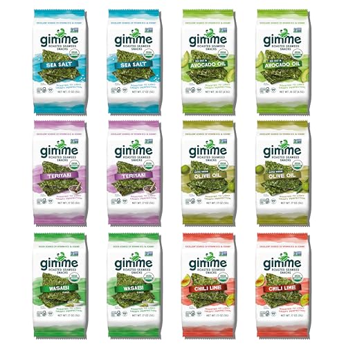 Gimme Seaweed Organic Roasted Seaweed Sheets - New 6 Flavor Variety Pack - 12 Count (5g) - Keto, Vegan, Gluten Free - Great Source of Iodine and Omega 3’s - Healthy On-The-Go Snack for Kids & Adults