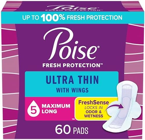Poise Ultra Thin Incontinence Pads with Wings & Postpartum Incontinence Pads, 5 Drop Maximum Absorbency, Long Length, 60 Count (3 Packs of 20), Packaging May Vary