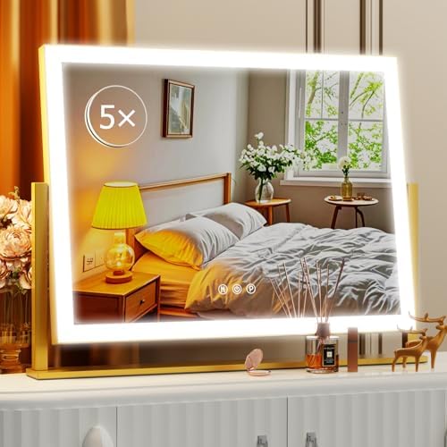 Lighted Makeup Mirror, 17.3"x13" Hollywood Vanity Mirror with Lights, Three Color Lighting Modes, and 5X Magnification Mirror, Smart Touch Control, 360°Rotation (Gold, Gift Box)