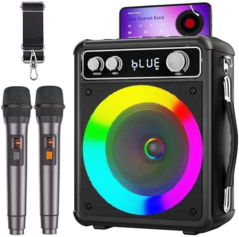 Karaoke Machine for Adults & Kids, Portable Bluetooth Speaker with 2 Wireless Microphones, PA System with LED Light, Karaoke Machine Supports REC/FM/AUX/USB/TF for Party/Meeting
