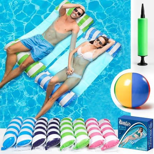 4 Pack Inflatable Hammock Pool Floats with Air Pump and Ball. 4-in-1 Design Conversion. Adult Size Pool Floaties Toys, Multi-Purpose Floats for Swimming Pool, Saddle, Lounge Chair, Hammock, Drifter.