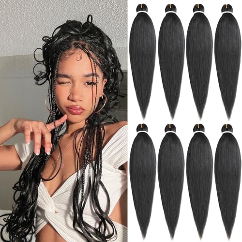 Leeven 8 Packs Black Braiding Hair 26 Inch Pre Streched Easy For Braiding Hair Yaki Texture Professional Braiding Hair Hot Water Setting Synthetic Hair Extension For Twist Braiding (1B#)