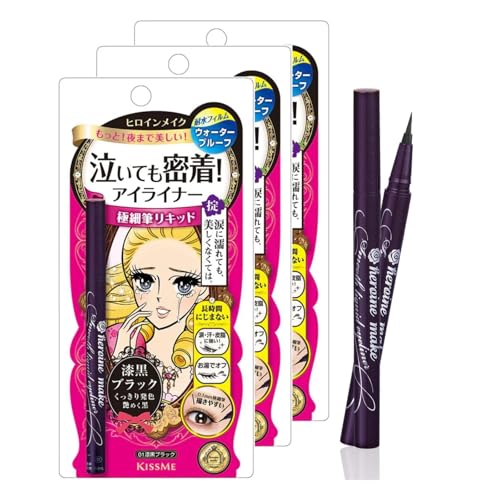 Heroine Make by KISSME Eyeliner Trio Set | 3 Full-Size - Waterproof Smooth Liquid Eyeliner, Japanese Eye Makeup for Smudge-free, Super Keep 01 Jet Black