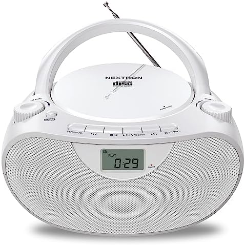 Portable Stereo CD Player Boombox with AM/FM Radio, Bluetooth, USB, AUX-in, Headphone Jack, CD-R/RW and MP3 CDs Compatible, Clear and Full Sound with Bass Boost, AC/Battery Operated – White