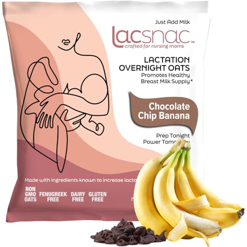 Lacsnac Chocolate Chip Banana Lactation Overnight Oats (12.9oz, Pack of 6) Lactation Supplement for Nursing Moms Made Whole Grain Oats, Flax Seeds, and Brewer’s Yeast, Promotes Lactation & Healthy Breast Milk Supply, GMO-free, Vegan, Gluten-free