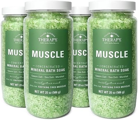 Village Naturals Therapy, Muscle Concentrated Mineral Bath Soak, Eucalyptus Mint Scent, 20 oz, Pack of 4
