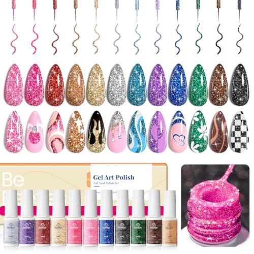 Beetles Nail Art Gel Liner Polish 12 Colors Reflective Glitter Gel Nail Polish, Gold Silver Pink Blue Purple Brown Black Gel Kit Soak Off Uv Nail Art Design Set Spring Gel Valentines Gifts for Women