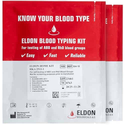Eldoncard Blood Typing Kit, 2 Test Pack, Know Your Blood Type, Accurate Instant Home Testing, Determine A, O, B, Rhs-D Negative & Positive Groups