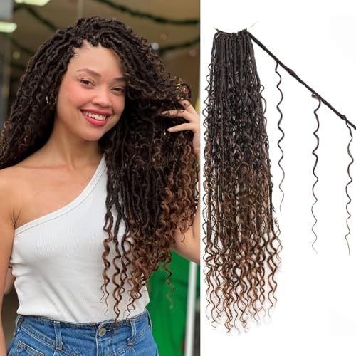 Boho Faux Locs Crochet Hair 24 Inch Goddess Locs 8 Packs Boho Soft Locs Crochet Hair with Curly Ends Pre-looped Long Bohemian River Locs Crochet Hair for Black Women(24Inch, T30)