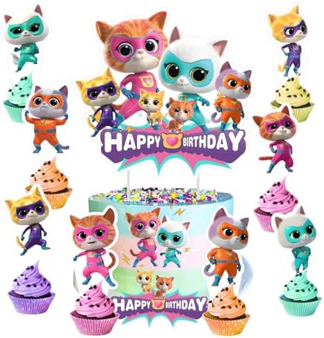 25pcs Super Cats Birthday Decorations with 24pcs Cupcake Toppers, 1pcs Cake Topper for Kitties Birthday Party Supplies
