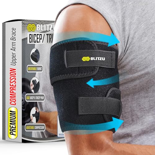 Bicep Tendonitis Brace, Upper Arm Wrap, Tricep Compression Sleeve Support Bands for Men and Women with 2 Adjustable Straps, Pain Relief for Muscle Strains Recovery & Inflammation. Black L-XL