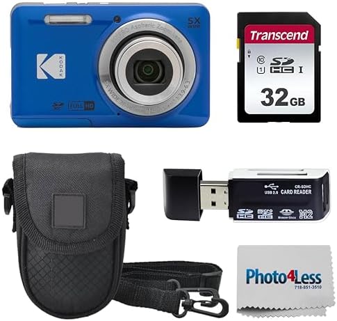 KODAK PIXPRO FZ55 16MP Digital Point & Shoot Camera, 5X Optical Zoom, 28mm Wide Angle, 1080P Full HD Video, Bundle with 32GB SD Card, Protective Case, and Hi-Speed Card Reader (Blue)