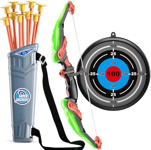 TEMI Kids Bow and Arrow Set - LED Light Up Archery Toy Set with 10 Suction Cup Arrows, Target & Quiver, Indoor and Outdoor Toys for Children Boys Girls