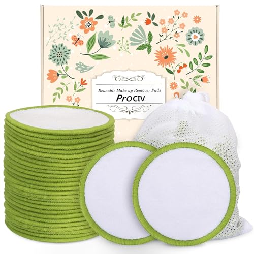 ProCIV Reusable Makeup Remover Pads - 20 Packs Washable Organic Bamboo Reusable Cotton Rounds for All Skin Types & Toner with Laundry Bag, Zero Waste Soft Reusable Cotton Pads for Woman Gift (Green)