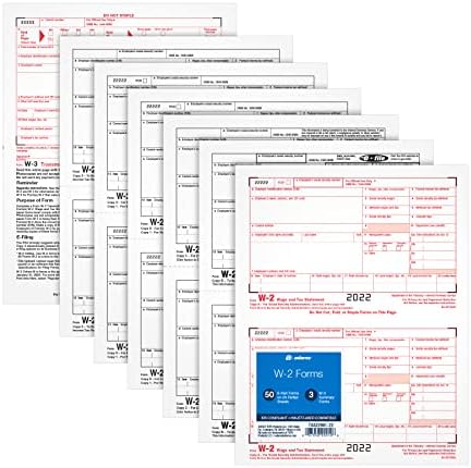 ADAMS W2 Forms 2022, 6 Part W2 Forms, Laser/Inkjet Tax Form Sets for 50 Employees, Includes 3 W3 Forms (TXA22991-22)