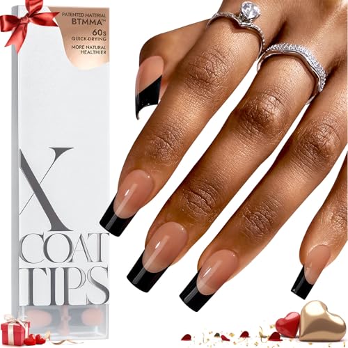 BTArtboxnails XCOATTIPS French Tip Nails - Long Press on Nails, Square Nail Tips Black, French Tip Press on Nails, Soft Gel False Nail Tips, Soak Off Acrylic Fake Nails Valentines Day Gift