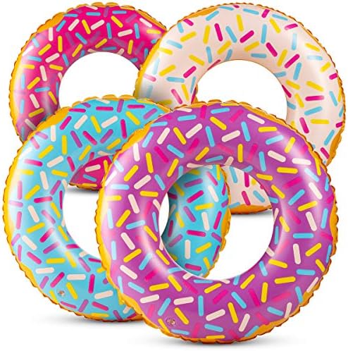 Inflatable Donuts - (Pack of 4) 24 Inch Donut Pool Float for Kids Pool Tube, Assorted Swim Rings with Sprinkles for Pool Floaties, Party Decorations, Giveaways and Kids Party Favors