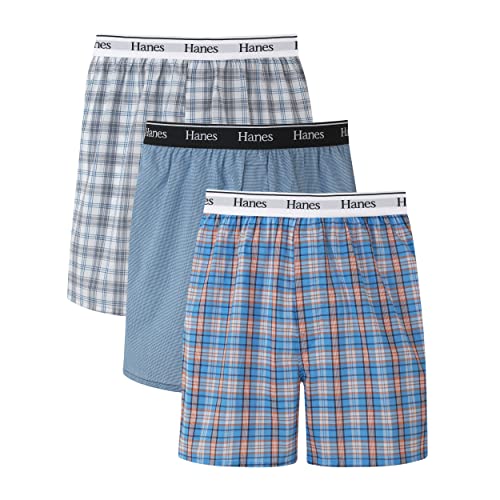 Hanes Originals Cotton Woven Boxers Pack, Moisture-Wicking Underwear for Men, 3-Pack, Blue Plaids, Small