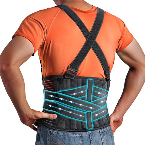 Work Back Support Belt with 2 Removable Suspender Straps, Back Posture Protector for Heavy Lifting Safety Protector, back brace for Men Women in Moving, Construction, and Warehouse Jobs M