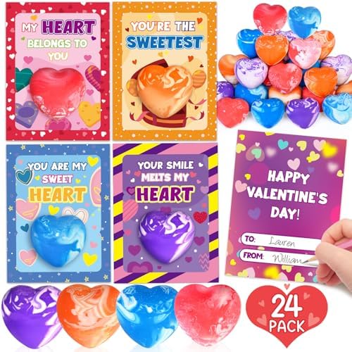 24 Pack Valentines Day Gifts for Kids, 24Pcs Valentines Heart Erasers with 24Pcs Cards, Classroom Exchange Prizes & Party Favors, Kids Valentines Day Cards, Ideal Valentine Gifts for Boys Girls