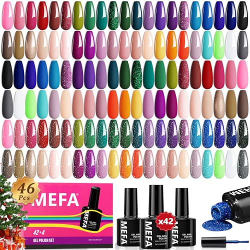 MEFA 46 Pcs Gel Nail Polish Set, 42 Colors All Seasons Gel Polish Set Valentine's Colorful Begginer Kit with Base Coat & Glossy/Matte Top Coat, Gel Nail Art Manicure Salon DIY Gifts for Girls