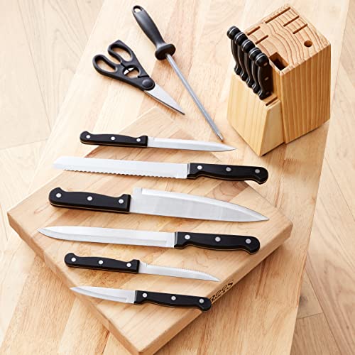 Amazon Basics 14-Piece High Carbon Stainless Steel Kitchen Knife Set with Sharpener and Pinewood Block, Black