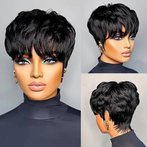 Short Pixie Cut Wig for Black Women Black Pixie Wig Human Hair 1B Short Wigs for Women Human Hair Soft Real Human Hair Glueless Wig Layered Wigs with Bangs Full Machine Made Wig