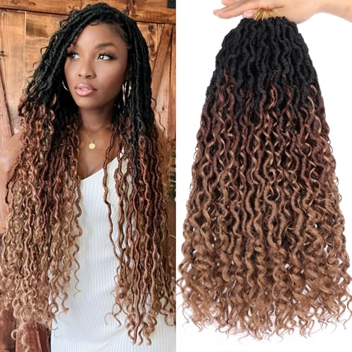 8Packs Goddess Locs Crochet Hair 18 Inch Ombre Faux Locs Crochet Hair with Curly Ends Pre-looped River Locs Crochet Braids Boho Hippie Locs Synthetic Hair Extensions(#1B3027)