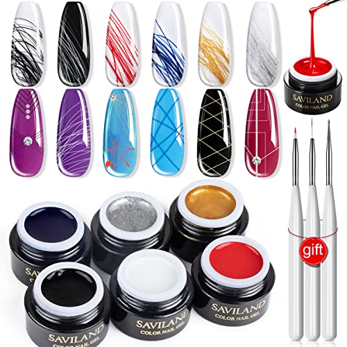 SAVILAND 6 Colors Spider Gel, New Upgraded Matrices Spider Gel with Nail Art Brushes, Nail Designs Gel Paint Wire Drawing Gel Polish for Line (White Black Red Blue Gold Silver)