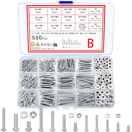 550 Pcs Screws Bolts and Nuts Assortment Kit, Metric Machine Screws and Nuts and Bolts and Flat Washers, M3/M4/M5 Slotted Pan Head Hex Bolts and Nuts Sets (B)