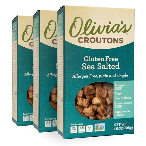Olivia’s Gluten Free Sea Salt Flavor Croutons For Salad – Crunchy Garlic Soup Crouton – Made from Allergen Free & Gluten-Free Artisan Bread –Vegetarian, Made In USA, 4.5 Oz (Pack of 3)