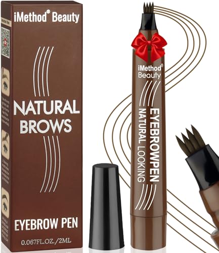 iMethod Microblading Eyebrow Pen - Eyebrow Pencil Magical Upgraded Eye Brow Pencils for Women with 4 Fork Tip & Spoolie Brush for Natural-Looking Hair-Like Defined Brows, Last All-Day, Brown