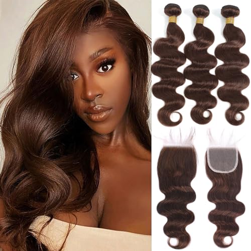 Kapelli Hair Brazilian Body Wave Bundles with Closure (20 22 24+18) 10A Light Brown Body Wave Human Hair Bundles with Lace Closure Brazilian Virgin Hair 3 Bundles with Lace Closure with Baby Hair