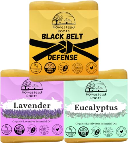 Sample Pack- Black Belt Defense-Lavender-Eucalyptus - Grass-Fed Beef Tallow and Organic Oils - Scented with Organic Essential Oils - Artisanal Bar Soap - 3 Pack - Each Bar Unique- (Sample Pack)