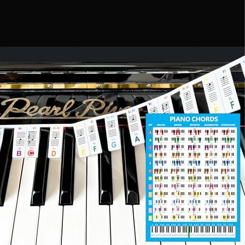 Colorful Removable Piano Keyboard Note Labels with Piano Chord Chart Poster, Silicone Piano Notes Stickers Guide for Beginner, Reusable 88 Key Full Size Piano Key Music Notes Letter Label