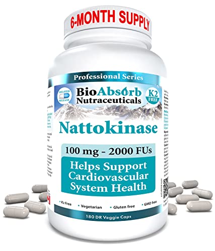 Bio Absorb Nattokinase Supplement. 100 mg, 2000 FUs. 6-Month Supply. Non-GMO Natto Extract Enzyme (180 Veggie Caps)
