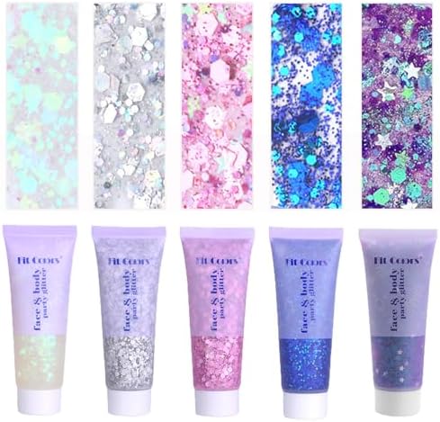 Face Body Glitter, Hair Glitter Sparkles Chunky Body Face Glitter Gel for Girls Makeup Singer Concerts Mermaid (White+Silver+Pink+Blue+Purple)